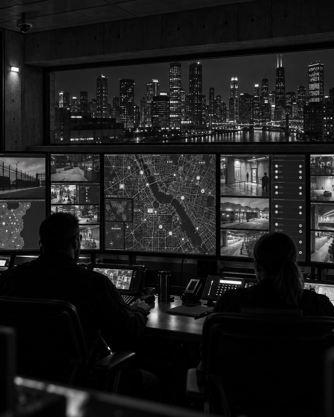 Two figures seated before a wall of city map displays at night.