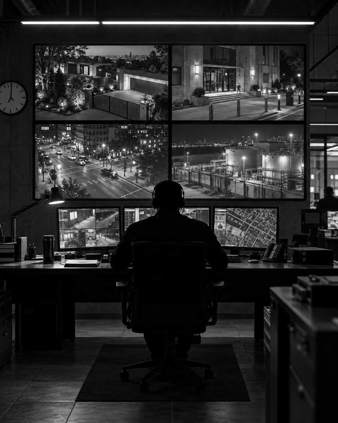 A figure seated before a wall of video feeds showing several buildings.