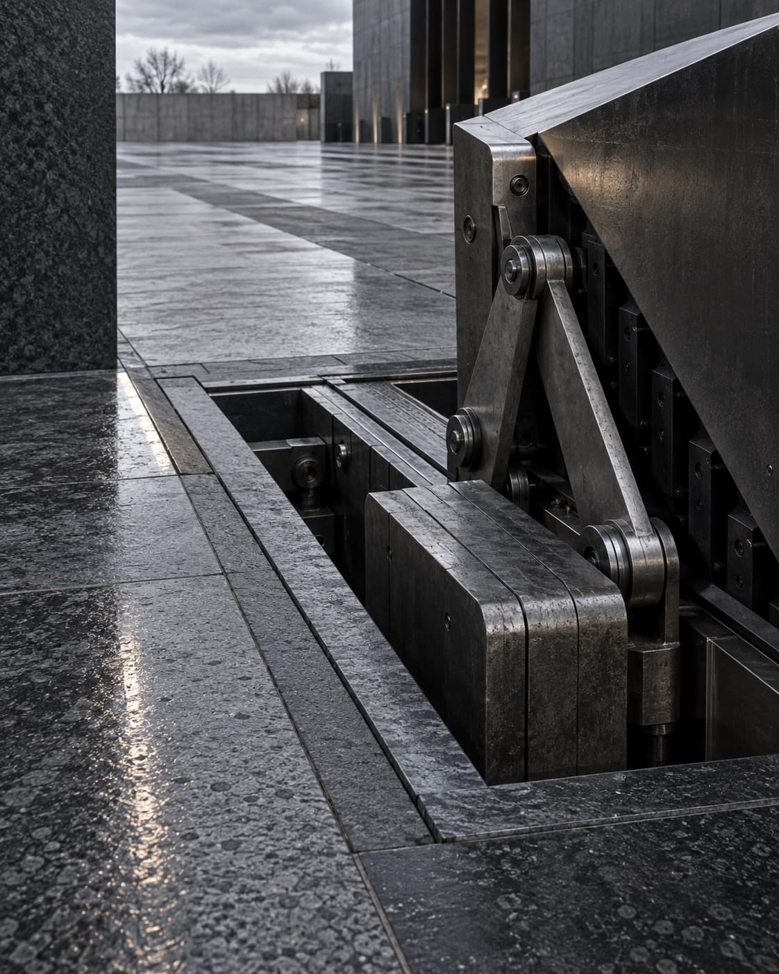 A counterbalanced vehicle barrier mechanism recessed into a stone threshold.