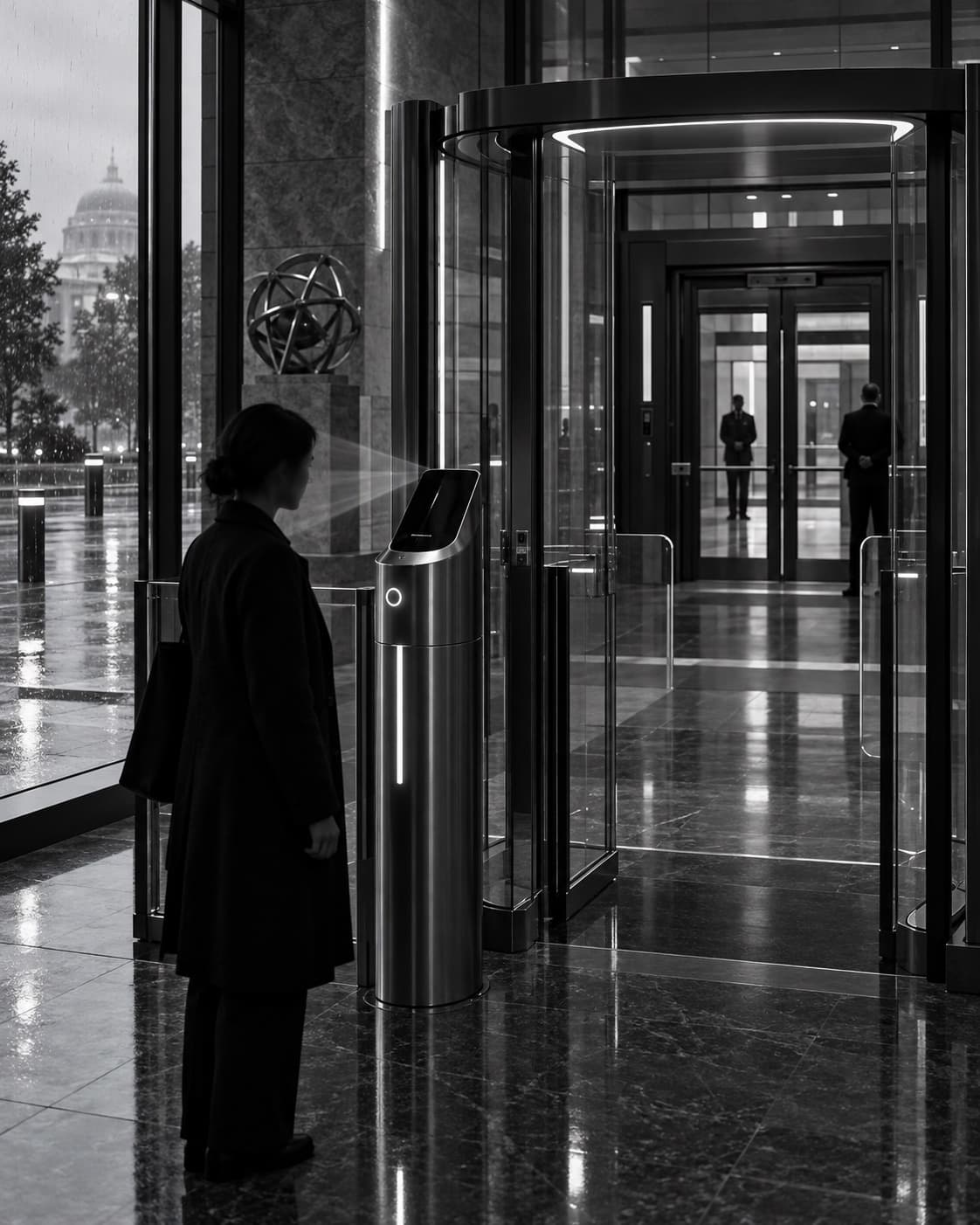 A figure in a long coat at a glass entrance portal in a stone lobby at night.