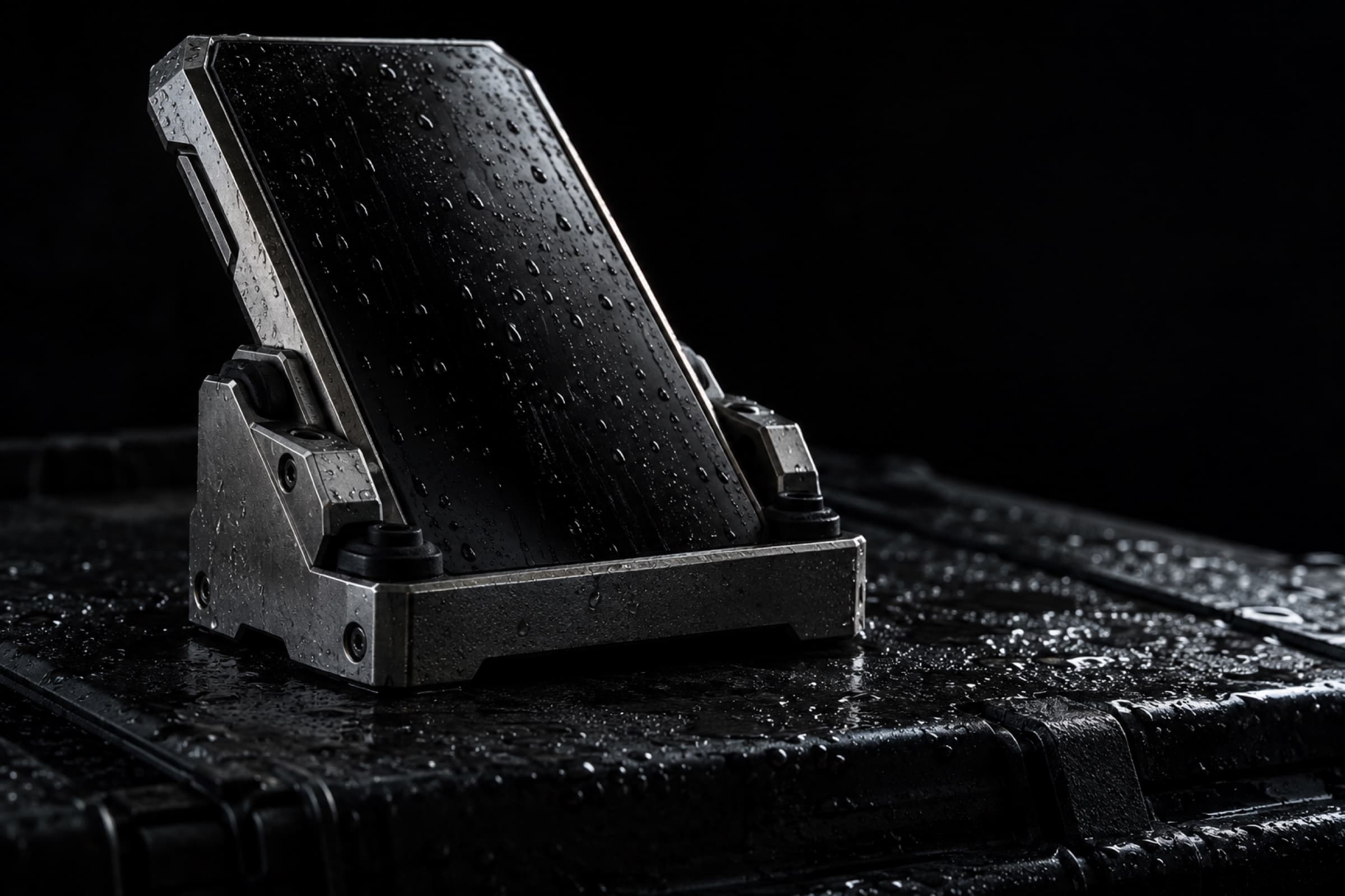 A compact titanium field slab seated in a shock-isolated docking cradle.