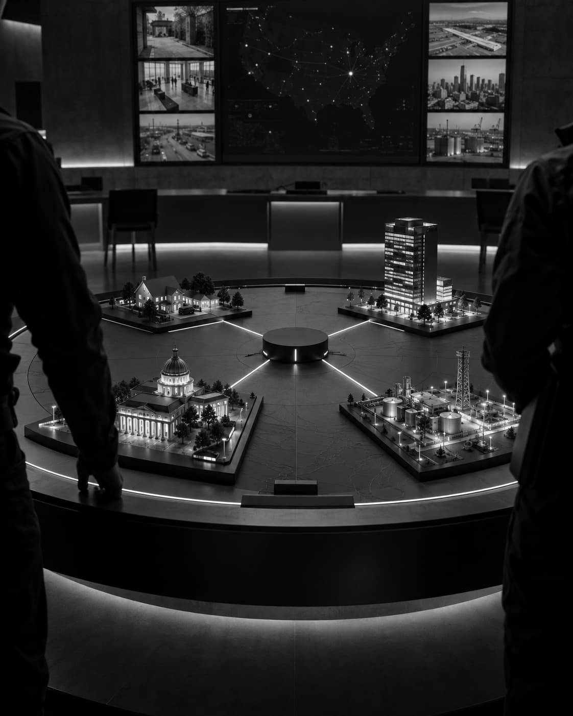 Small architectural models joined to a central core on a dark round table.