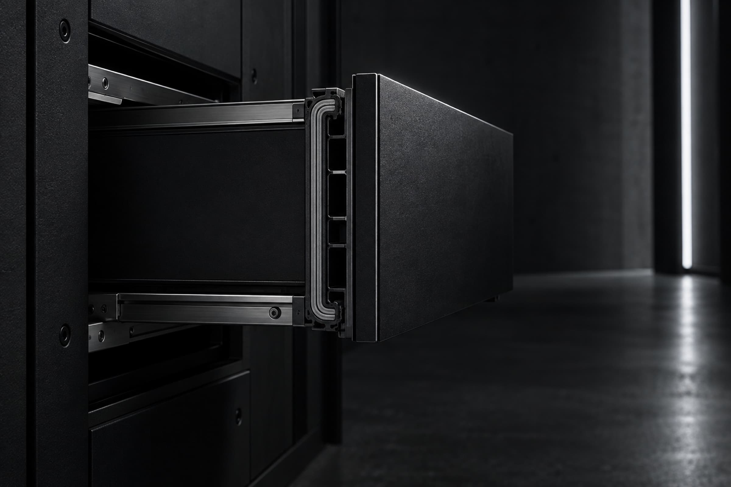 A sealed archival drawer partially extended from a monolithic enclosure.