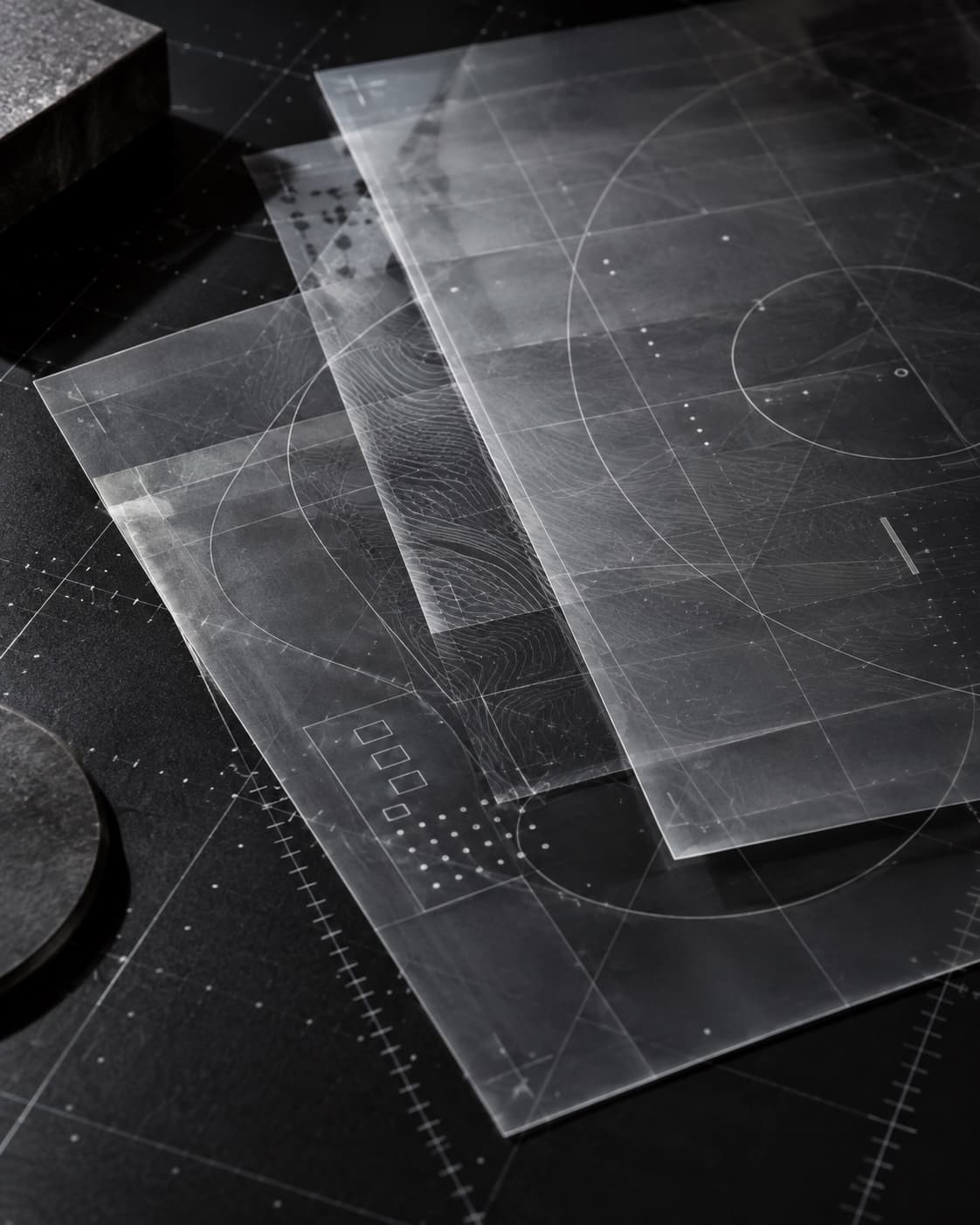 Translucent technical layers resolving into one aligned pattern.