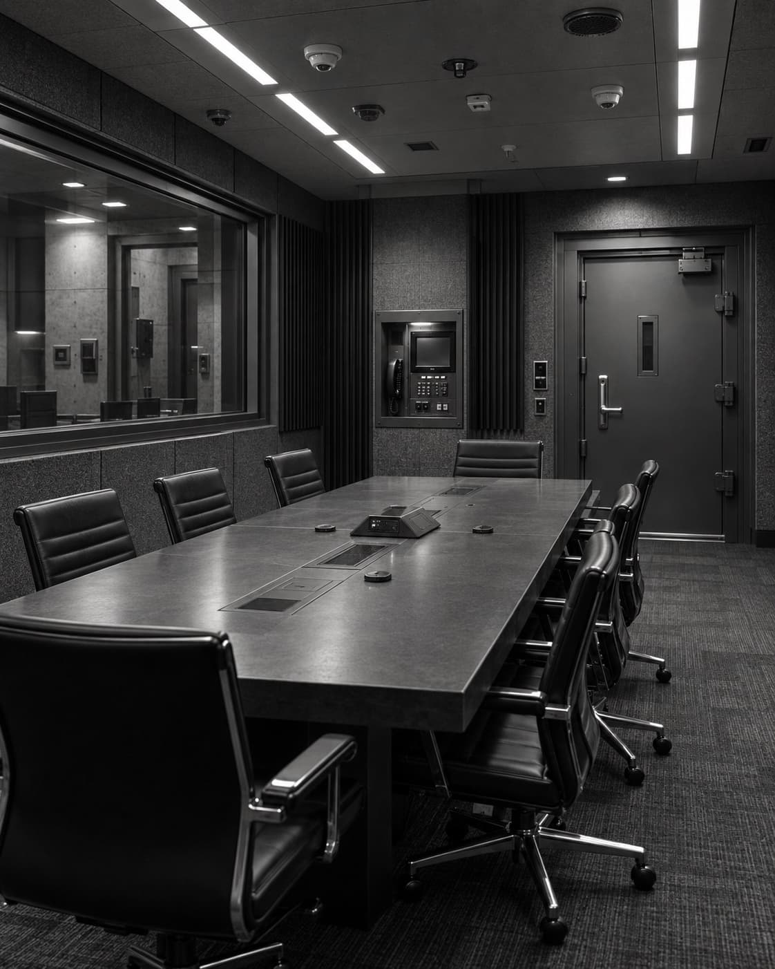 An acoustically isolated communications room sits behind shielded glass and a blast-rated door.