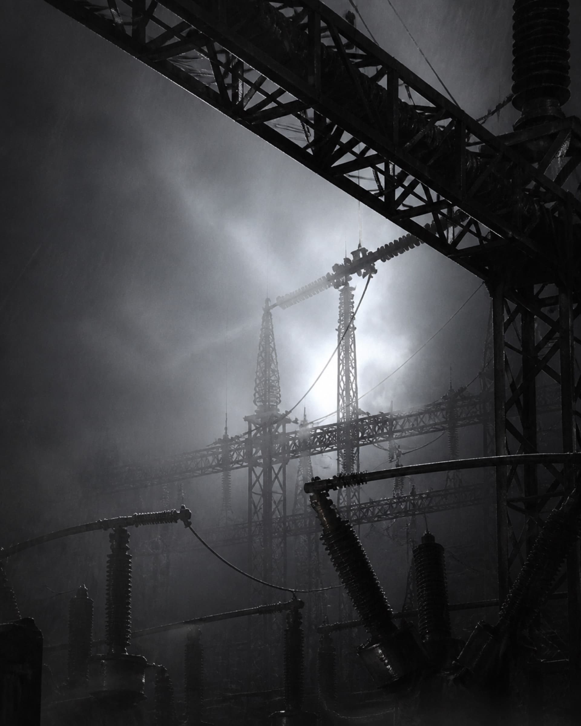 High-voltage infrastructure emerging through rain and hard backlight.
