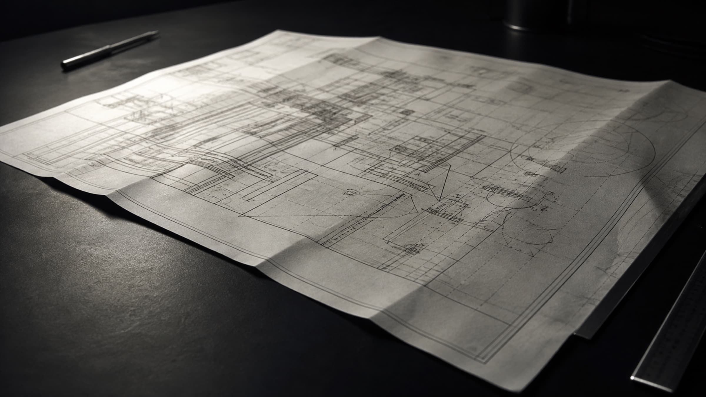 A technical schematic printed on paper, photographed at a shallow angle.