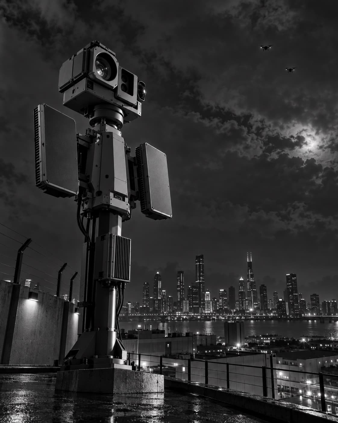 A multi-sensor mast above a lit city skyline at night.