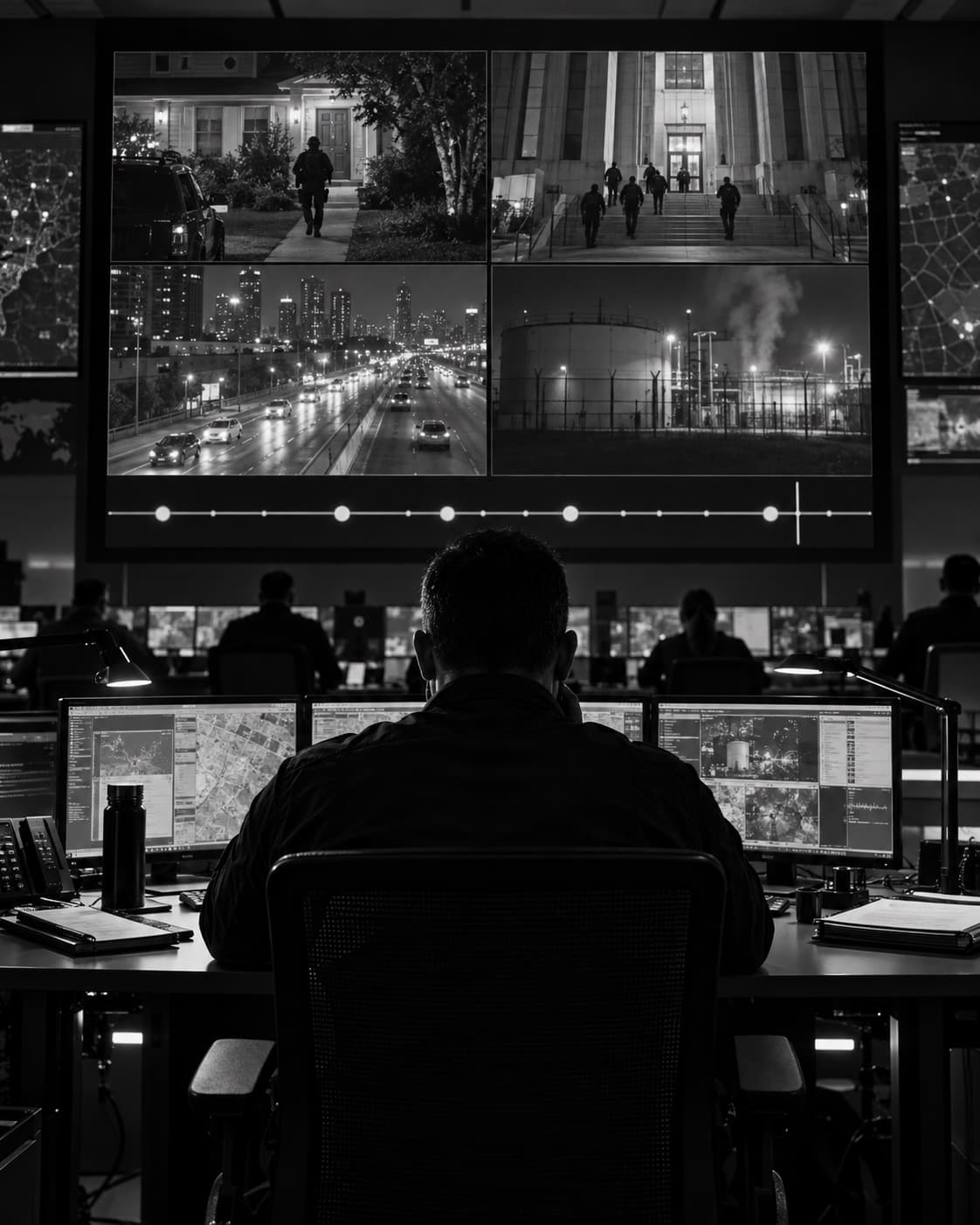 A figure seated at a desk before a wall of video feeds in a dark room.