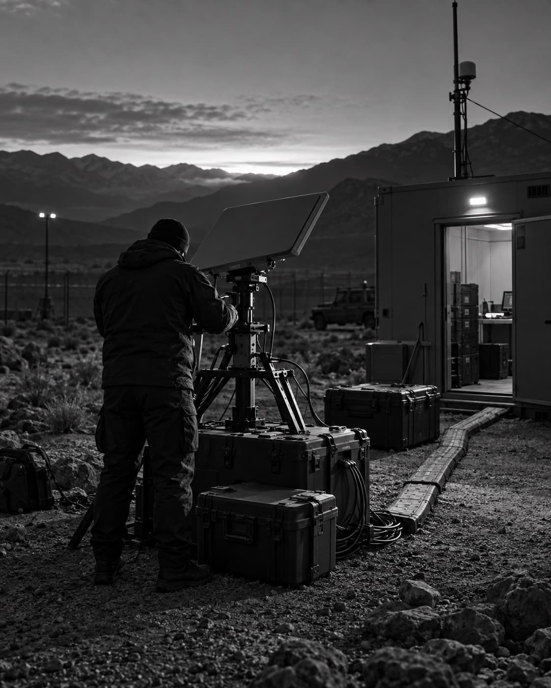 A figure adjusts a directional antenna beside a small equipment shelter at dawn.