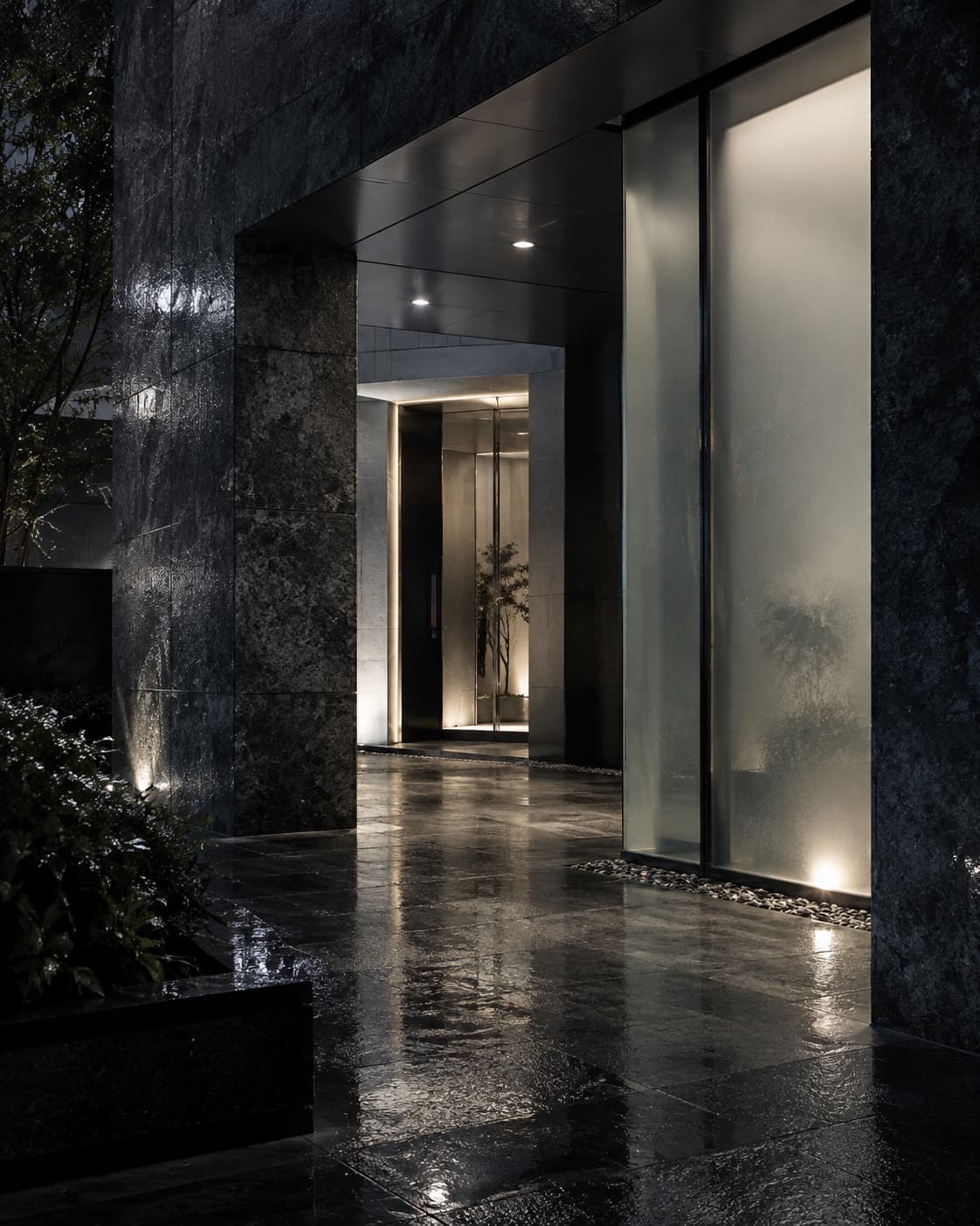 Layered private arrival thresholds in wet stone and frosted glass.